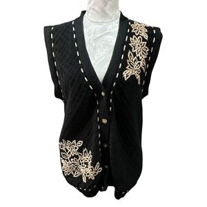 Vtg Jantzen Classic Vest Cardigan Sweater Womens M  Knit Floral Hand Embroidered